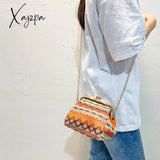 Xajzpa - Boho Straw Woven Kiss Lock Metal Chain Clutch Textured Frame Purse Crossbody Bag Orange /