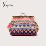 Xajzpa - Boho Straw Woven Kiss Lock Metal Chain Clutch Textured Frame Purse Crossbody Bag Red / M