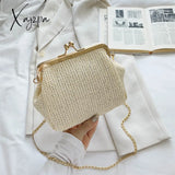 Xajzpa - Boho Straw Woven Kiss Lock Metal Chain Clutch Textured Frame Purse Crossbody Bag White / M