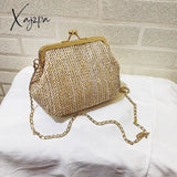 Xajzpa - Boho Straw Woven Kiss Lock Metal Chain Clutch Textured Frame Purse Crossbody Bag Women Bags