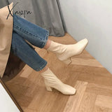 Xajzpa - Boots Female British Style Spring and Autumn Single Boots Square Toe Thick Heel Net Red Thin High Heels Short Boots