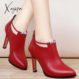 Xajzpa - Botas Mujer New Winter Boots Women Shallow Round Toe Red Women’s Thin Heels Zip Ankle Pu