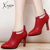 Xajzpa - Botas Mujer New Winter Boots Women Shallow Round Toe Red Women’s Thin Heels Zip Ankle Pu