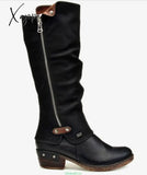 Xajzpa - Botas Mujer Winter Pu Leather Knee High Boots Women Snow Heels Zipper Female Shoes Black