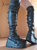 Xajzpa - Brand Design Big Size 43 Shoelaces Cosplay Motorcycles Boots Buckles Platform Wedges High Heels Thigh High Boots Women Shoes