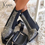 Xajzpa - Brand Design High Quality Square Heels Classic Fashion Rivets Elastic Ankle Boots Shoes