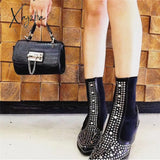 Xajzpa - Brand Design High Quality Square Heels Classic Fashion Rivets Elastic Ankle Boots Shoes