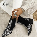 Xajzpa - Brand Design High Quality Square Heels Classic Fashion Rivets Elastic Ankle Boots Shoes