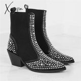 Xajzpa - Brand Design High Quality Square Heels Classic Fashion Rivets Elastic Ankle Boots Shoes