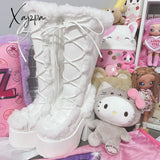 Xajzpa Brand Designer Fur Gothic Chunky Block Heel Women Boots High Platform Cosplay Casaul Party