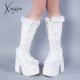 Xajzpa Brand Designer Fur Gothic Chunky Block Heel Women Boots High Platform Cosplay Casaul Party