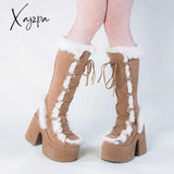 Xajzpa Brand Designer Fur Gothic Chunky Block Heel Women Boots High Heel Platform Cosplay Casaul Party Warm Boots Shoes Women