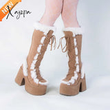 Xajzpa Brand Designer Fur Gothic Chunky Block Heel Women Boots High Platform Cosplay Casaul Party