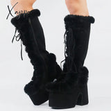 Xajzpa Brand Designer Fur Gothic Chunky Block Heel Women Boots High Platform Cosplay Casaul Party