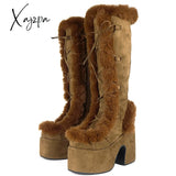 Xajzpa Brand Designer Fur Gothic Chunky Block Heel Women Boots High Platform Cosplay Casaul Party