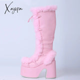 Xajzpa Brand Designer Fur Gothic Chunky Block Heel Women Boots High Platform Cosplay Casaul Party