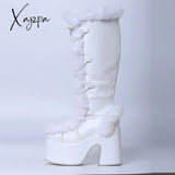 Xajzpa Brand Designer Fur Gothic Chunky Block Heel Women Boots High Platform Cosplay Casaul Party