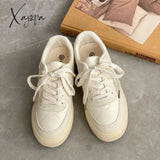 Xajzpa - Brand Leather Women Sneakers White Casual Lace Up Flats Woman Spring Autumn Sports Shoes