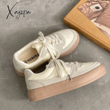 Xajzpa - Brand Leather Women Sneakers White Casual Lace Up Flats Woman Spring Autumn Sports Shoes