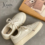 Xajzpa - Brand Leather Women Sneakers White Casual Lace Up Flats Woman Spring Autumn Sports Shoes