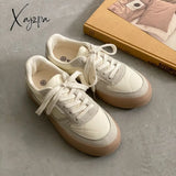 Xajzpa - Brand Leather Women Sneakers White Casual Lace Up Flats Woman Spring Autumn Sports Shoes