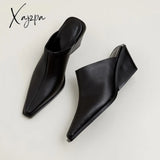 Xajzpa - Brand New Ladies Genuine Leather Mules Fashion Med Chunky Heels Summer Wedges Slippers