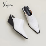 Xajzpa - Brand New Ladies Genuine Leather Mules Fashion Med Chunky Heels Summer Wedges Slippers