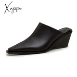 Xajzpa - Brand New Ladies Genuine Leather Mules Fashion Med Chunky Heels Summer Wedges Slippers