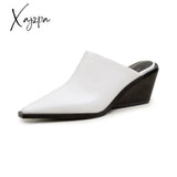 Xajzpa - Brand New Ladies Genuine Leather Mules Fashion Med Chunky Heels Summer Wedges Slippers