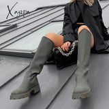 Xajzpa - Brand New Ladies Platform Black Boots Fashion Chunky Med Heels Knee High Boots Women Casual Party Shoes Woman Thigh High Boots