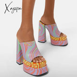 Xajzpa - Brand New Summer Fashion Printed Slippers Thick High Heel Platform Mules Sexy Satin Sandals Women's Shoes Pink Red Big Size