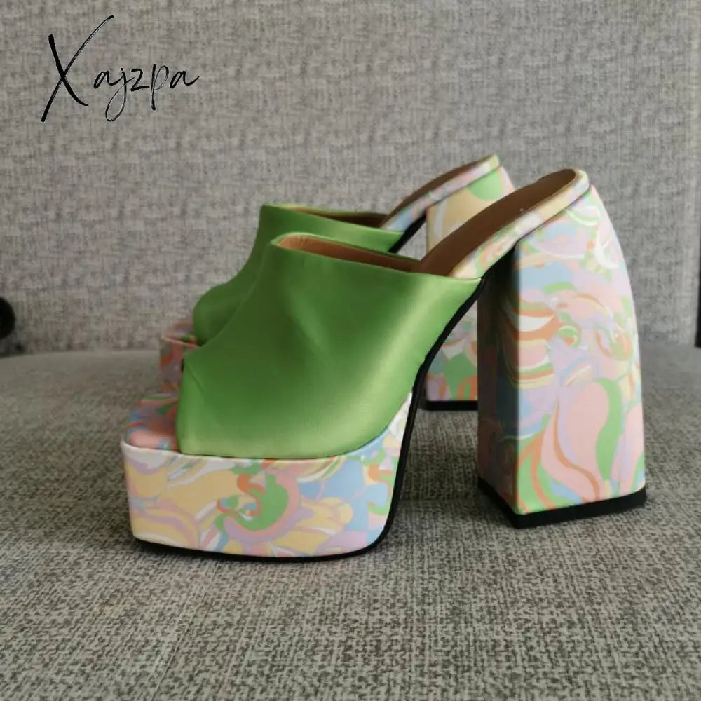 Xajzpa - Brand New Summer Fashion Printed Slippers Thick High Heel Platform Mules Sexy Satin