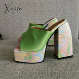 Xajzpa - Brand New Summer Fashion Printed Slippers Thick High Heel Platform Mules Sexy Satin