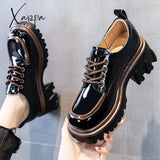 Xajzpa - British Style Chunky Platform Pumps Women Autumn Lace Up Thick Heels Loafers Woman Round