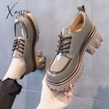 Xajzpa - British Style Chunky Platform Pumps Women Autumn Lace Up Thick Heels Loafers Woman Round