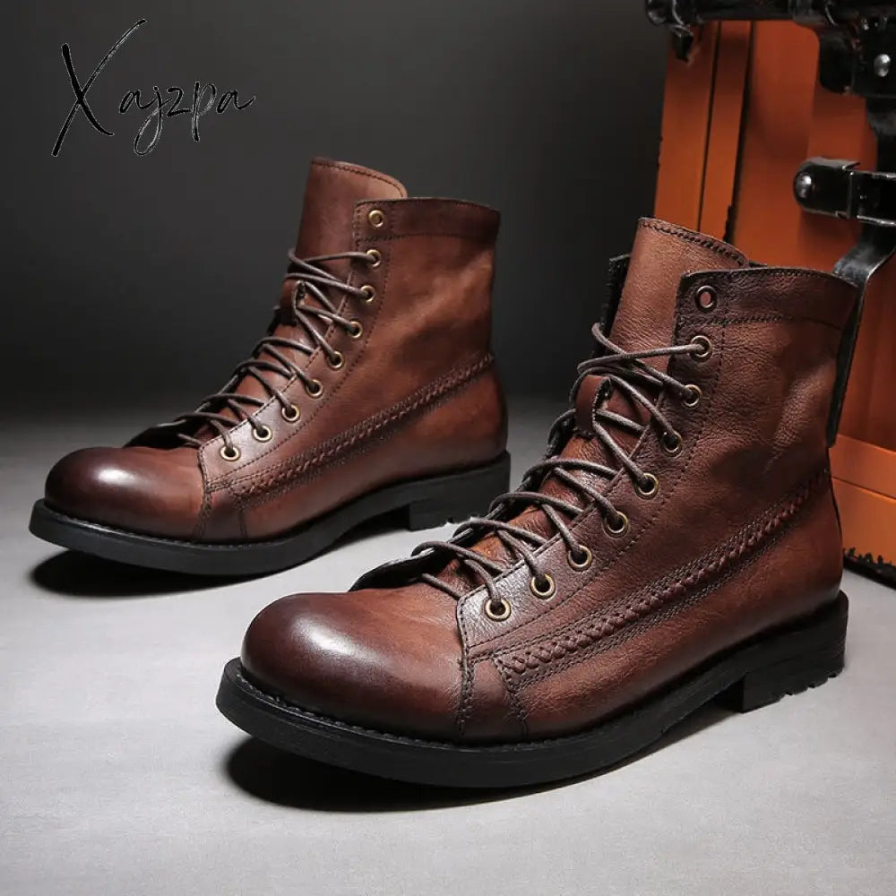 Xajzpa - British Style Tooling Boots Mens Color Rubbing Martin Retro Fashion Black Work Shoes