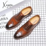 Xajzpa - Brogue Carved Pu Shoes Men Formal Business Lace Up Retro Pointed Toe Handmade Dress For