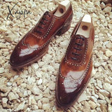 Xajzpa - Brogue Carved Pu Shoes Men Formal Business Lace Up Retro Pointed Toe Handmade Dress For