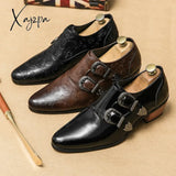 Xajzpa - Brown Double Buckle Men Loafers Shoes Thick Heel Printing Black Casual Zapatos Casuales