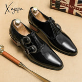 Xajzpa - Brown Double Buckle Men Loafers Shoes Thick Heel Printing Black Casual Zapatos Casuales