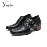 Xajzpa - Brown Double Buckle Men Loafers Shoes Thick Heel Printing Black Casual Zapatos Casuales