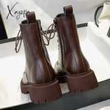 Xajzpa - Brown Platform Ankle Boots Women Autumn Winter Thick Bottom Motorcycle Woman Thicken Warm