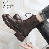 Xajzpa - Brown Platform Ankle Boots Women Autumn Winter Thick Bottom Motorcycle Boots Woman Thicken Warm Lace Up Shoes Ladies