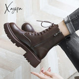 Xajzpa - Brown Platform Ankle Boots Women Autumn Winter Thick Bottom Motorcycle Woman Thicken Warm