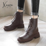Xajzpa - Brown Platform Ankle Boots Women Autumn Winter Thick Bottom Motorcycle Woman Thicken Warm