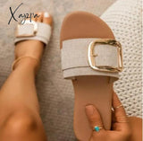 Xajzpa - Buckle Detail Flat Slide Sandals Beige / 36