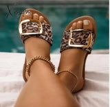 Xajzpa - Buckle Detail Flat Slide Sandals Leopard / 36