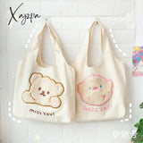 Xajzpa - Canvas Cartoon Tote Bags Women Large Capacity Plush Embroidery Bear Student Book Storage