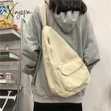 Xajzpa - Canvas Chest Bag Women Shoulder Messenger Unisex Crossbody Muliti Pocket Casual Beige /