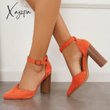 Xajzpa - Casual Chunky Block High Heel Pumps Pointed Toe Ankle Strap Heels /